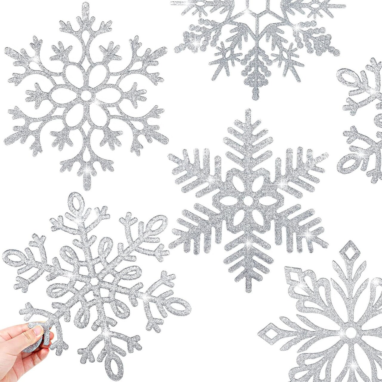 10 Pieces Large Snowflakes Ornaments 12'' Glittered Snowflakes Decorations Christmas Hanging Snowflake Decorations for Winter Christmas Tree Decorations Craft Snowflakes (Silver)